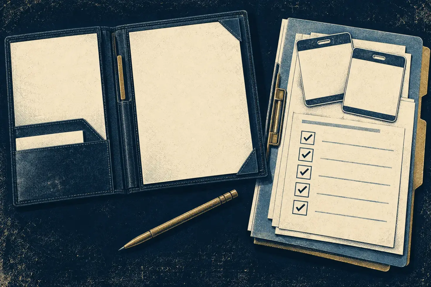 An illustrated desk separates an operator document folder from a flight file with crew cards and check marks.