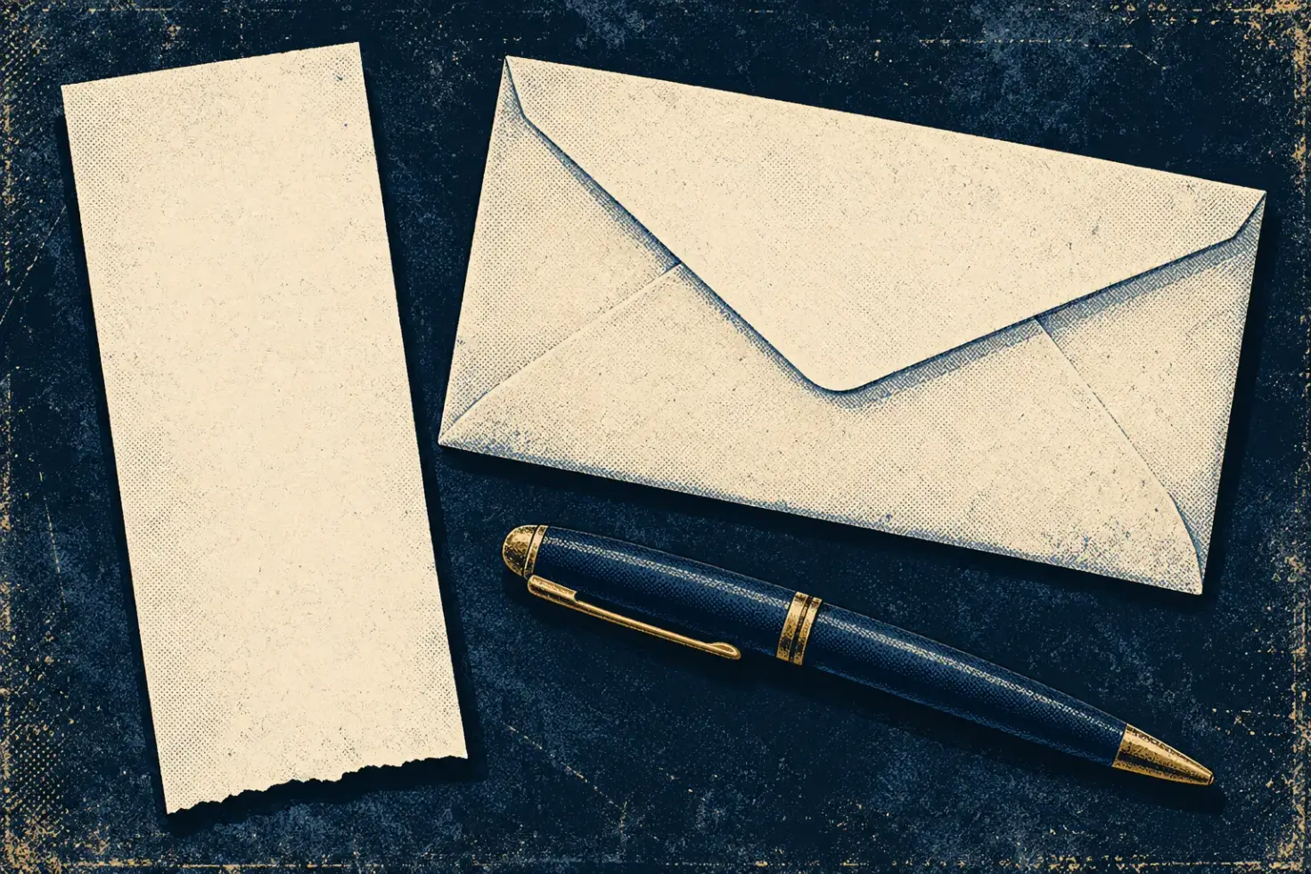 Illustration of a blank receipt beside a closed envelope and a pen on a desk.