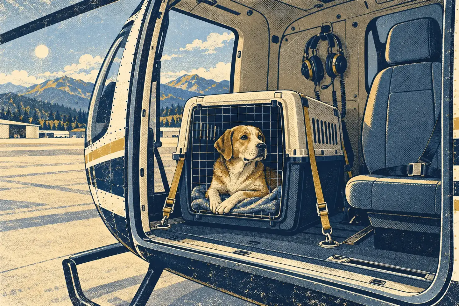 Screenprint-style illustration of a dog lying in a hard-sided travel crate on a helicopter cabin floor, held by cargo straps to floor rings, an empty belted seat and hanging headsets beside it, a sunny ramp and mountains outside the open door.