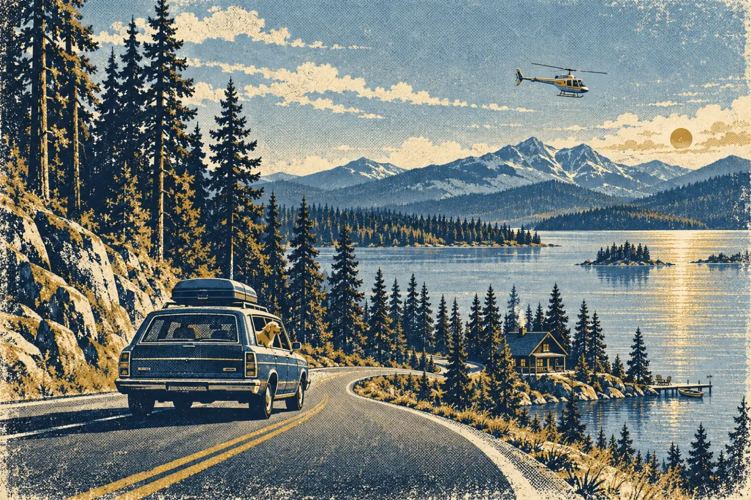 Screenprint-style illustration of a station wagon with a roof box on a lakeside forest road, a dog leaning out of the rear window, a cabin by the water and a small helicopter high over the far shore.