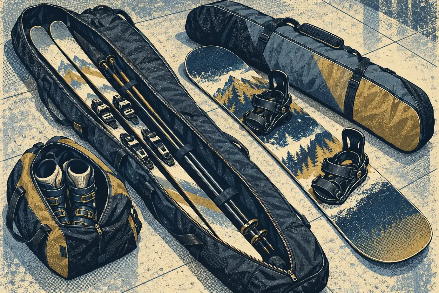 Illustration of skis and poles in an open padded bag, a snowboard with bindings and a separate bag holding ski boots.