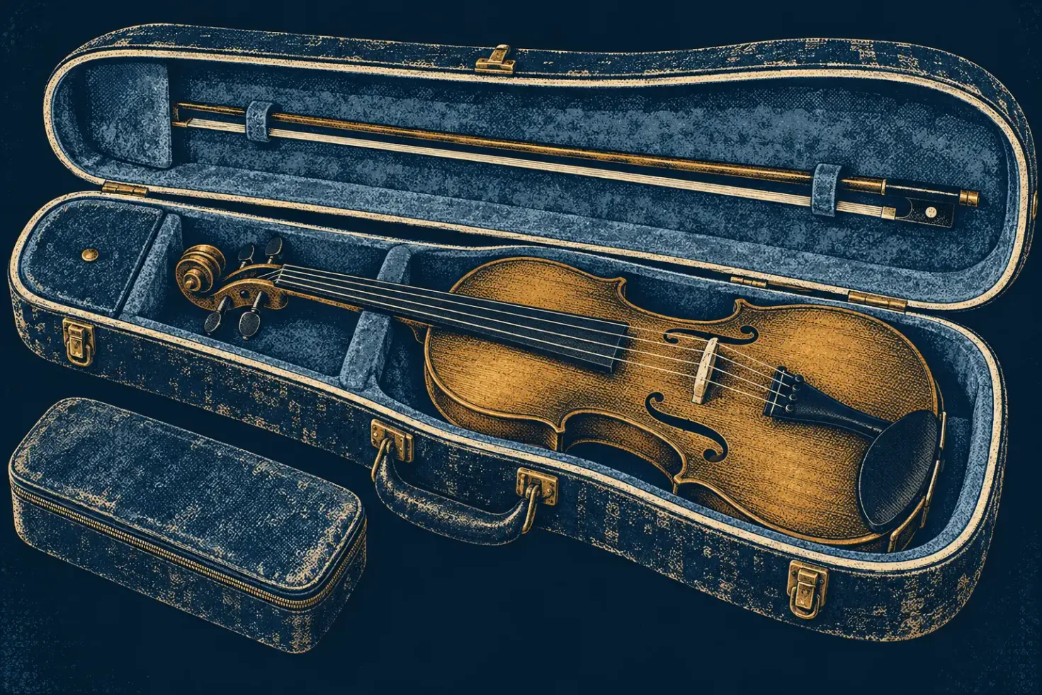 Illustration of a violin in an open fitted case, with its bow held separately in the lid.