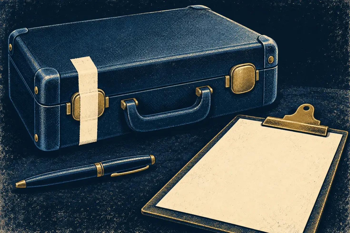 Illustration of a closed valuables case with an unprinted seal strip beside a blank handover sheet and pen.