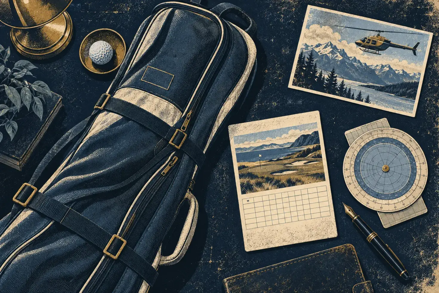 Vintage still-life illustration of a soft golf travel bag, a scorecard, a plotter, and a small helicopter postcard on a navy desk.