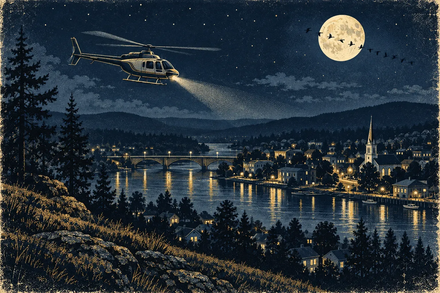 Screenprint-style illustration of a light single-engine helicopter on skids flying at night over a small river town with its landing light on, a skein of migrating geese crossing a full moon above it.