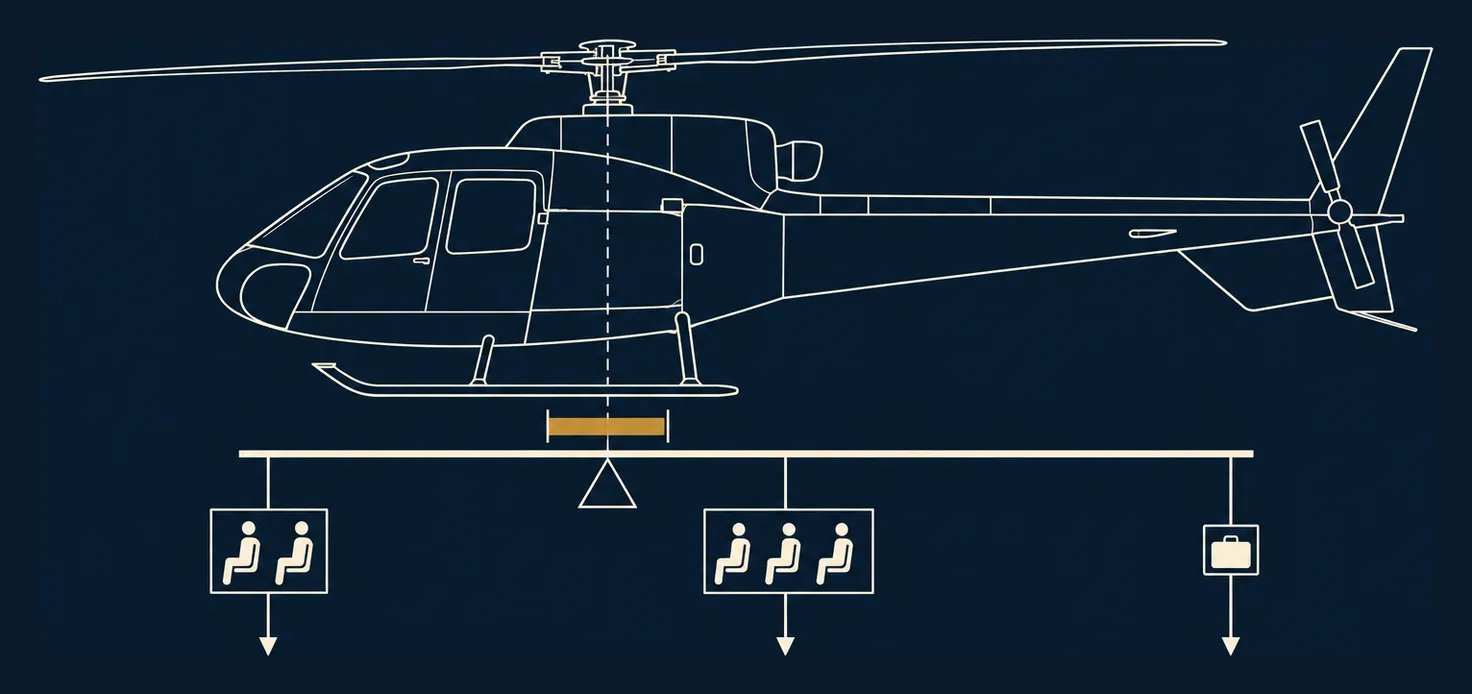 Wordless line diagram of a light single-engine helicopter in side view with a balance beam beneath it: blocks for the front seats, the rear cabin and an aft luggage load hang from the beam, which pivots on a fulcrum inside a narrow band under the rotor mast.