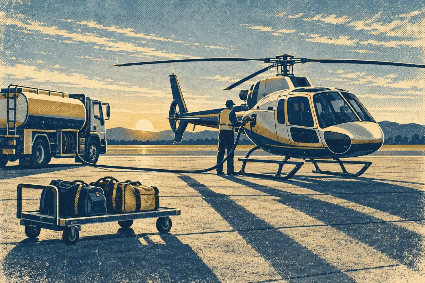 Screenprint-style illustration of a small fuel truck refueling a parked light single-engine helicopter at dawn, while a luggage cart with soft duffels waits apart on the ramp in the foreground.