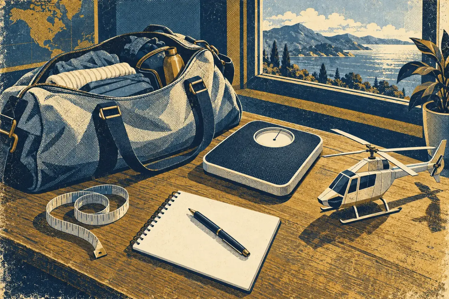 Screenprint-style still life on a desk: a partly packed soft duffel, a bathroom scale, a coiled tape measure, a blank notepad with a pen and a small model helicopter by a window.