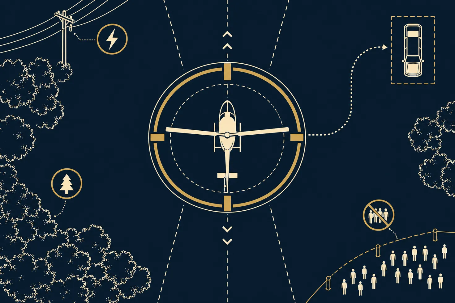 Top-down line diagram of a private landing zone: a clear touchdown circle, dashed approach and departure corridors, and callouts for wires, trees, crowd standoff, and a passenger path to a waiting vehicle.