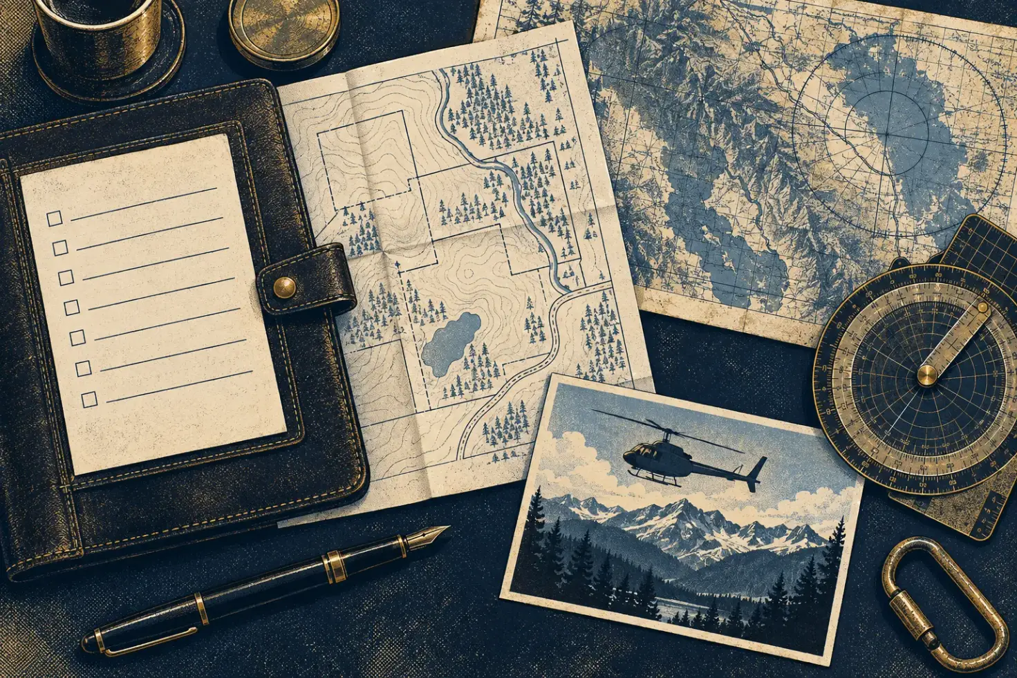 Vintage still-life illustration of a property plat, a leather folio with a checklist, a sectional-style map, and a small helicopter postcard on a navy desk.