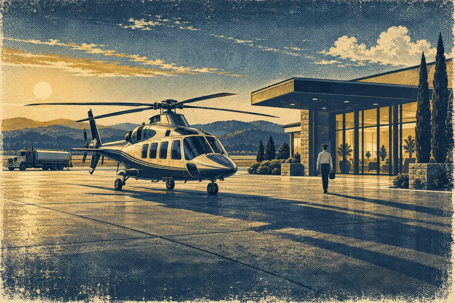 Screenprint-style illustration of a twin-engine helicopter parked and shut down on a quiet airport ramp beside a lit private aviation terminal, a pilot walking toward the lounge in late-afternoon light.