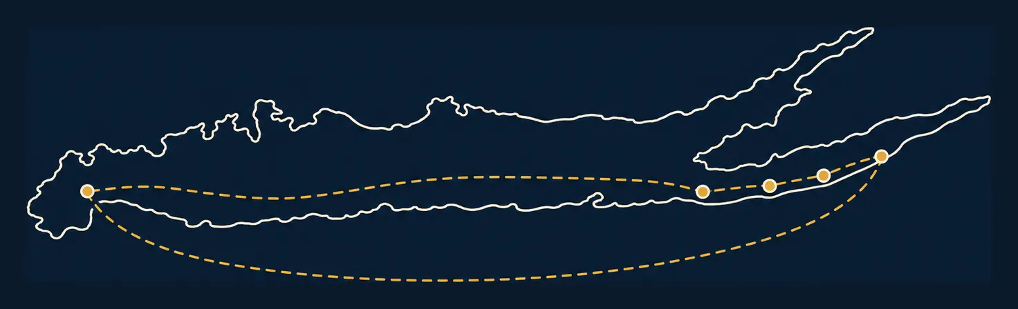 Wordless navy line-art map of Long Island and its two eastern forks. One brass marker sits at the western end, four more are spaced along the South Fork to the eastern tip, and two dashed brass corridors run east from the western marker, one following the island and one curving offshore, rejoining at the tip.