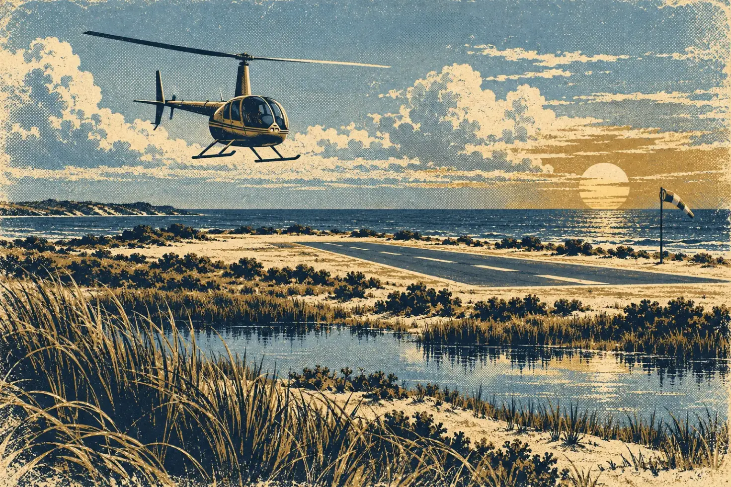 Screenprint illustration of a small coastal airfield on flat sandy ground, a light single-engine helicopter on skids in the air to the left of the single strip, dune grass and a tidal pond in the foreground, a low sun over the ocean and a windsock at the right.
