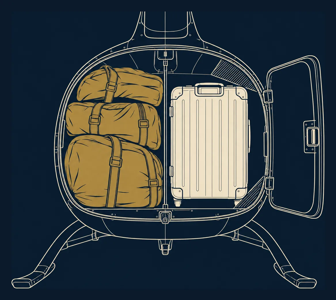 Wordless cutaway of a small helicopter baggage compartment seen from behind: soft duffels stacked in one half conform to the curved walls, while a rigid suitcase in the other half leaves empty space around it and hatched gaps in the corners.