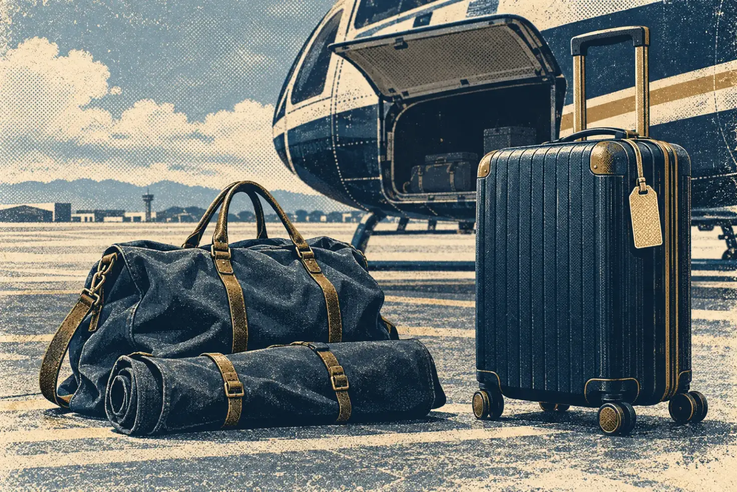 Screenprint-style still life on an airport ramp: a slouched soft canvas duffel and a rolled garment bag on the left, an upright rigid spinner suitcase on the right, and the flank of a helicopter with its baggage door open behind them.
