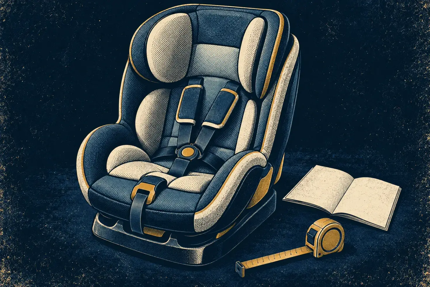 Illustration of an empty hard-backed child safety seat beside a blank instruction booklet and a tape measure.