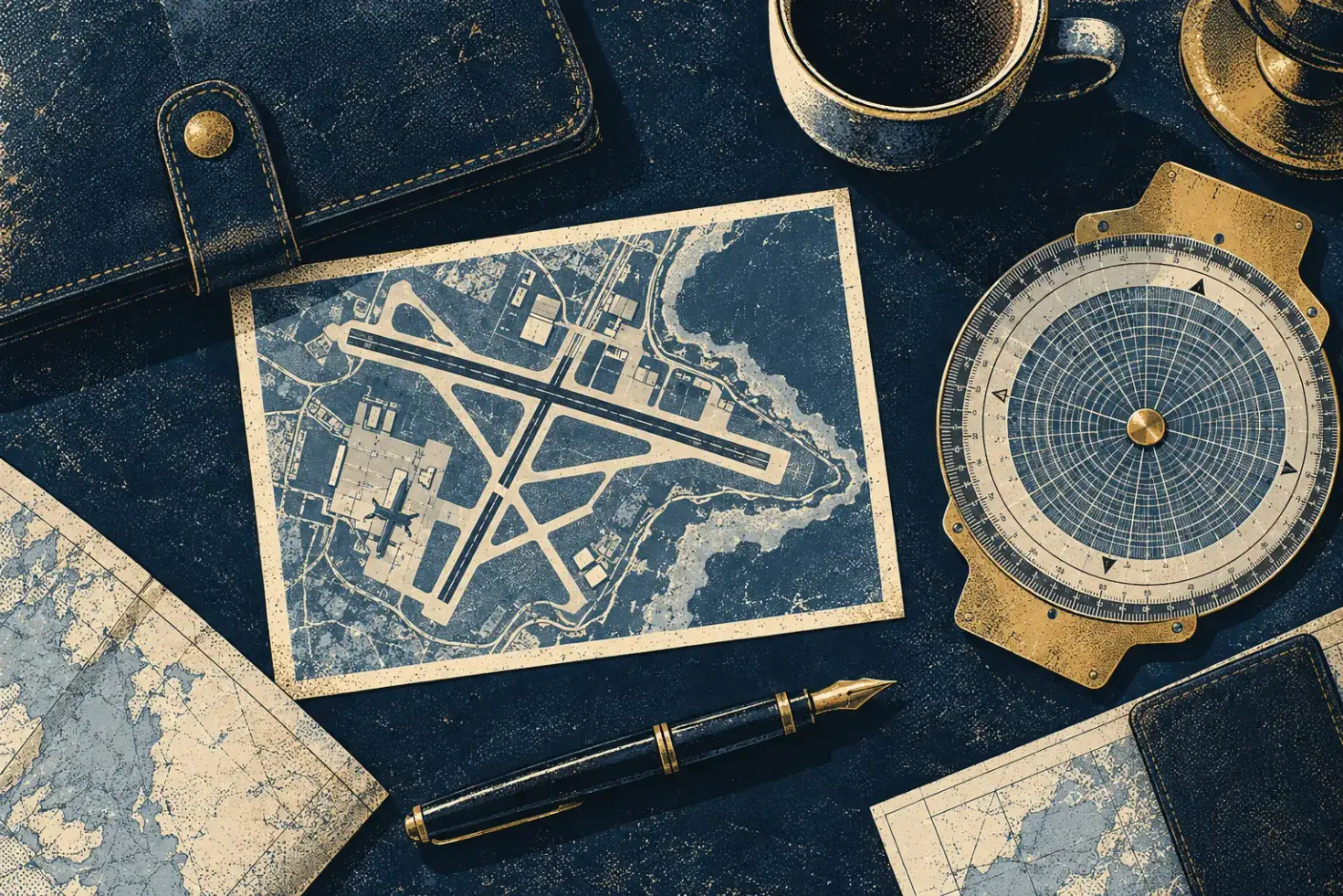 Vintage still-life illustration of a leather folio, an airport-diagram postcard, a plotter, and a fountain pen on a navy desk.