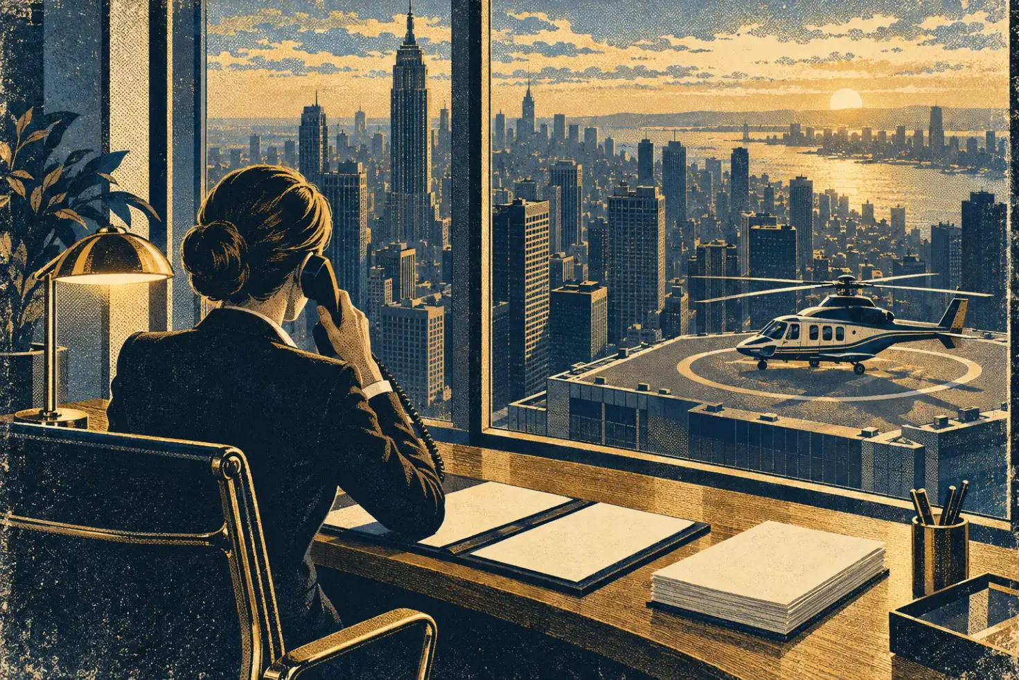Screenprint-style illustration of an assistant seen from behind at an office desk with a telephone and blank papers, a twin-engine helicopter parked on a rooftop helipad below the window and a city skyline at sunset.