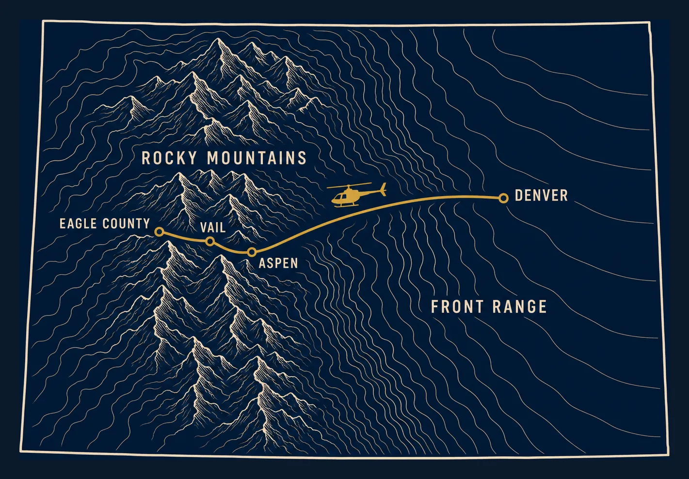 Line-art map of Colorado showing Denver on the Front Range and Aspen, Vail, and Eagle County in the high mountains to the west, with a single flight route arcing over the rising terrain.