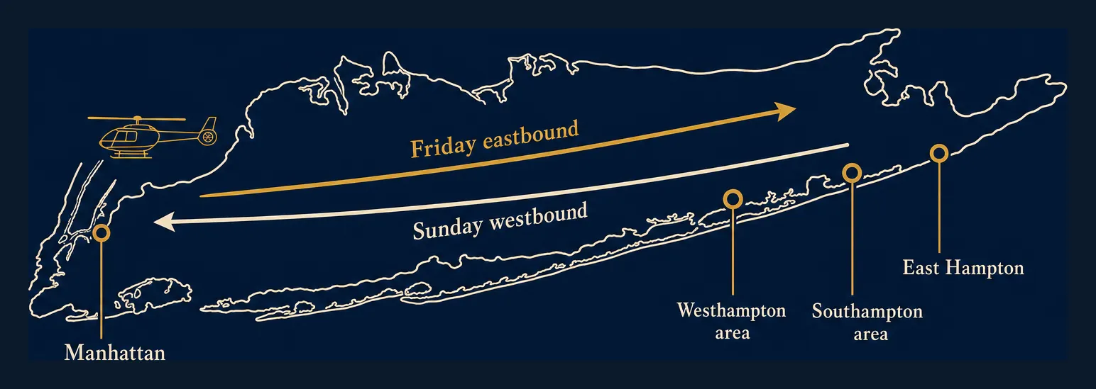 Simplified line-art map of Long Island with Manhattan at the western origin, the Westhampton area, Southampton area, and East Hampton landing points marked toward the East End, and arrows showing the Friday-eastbound and Sunday-westbound weekend flow.