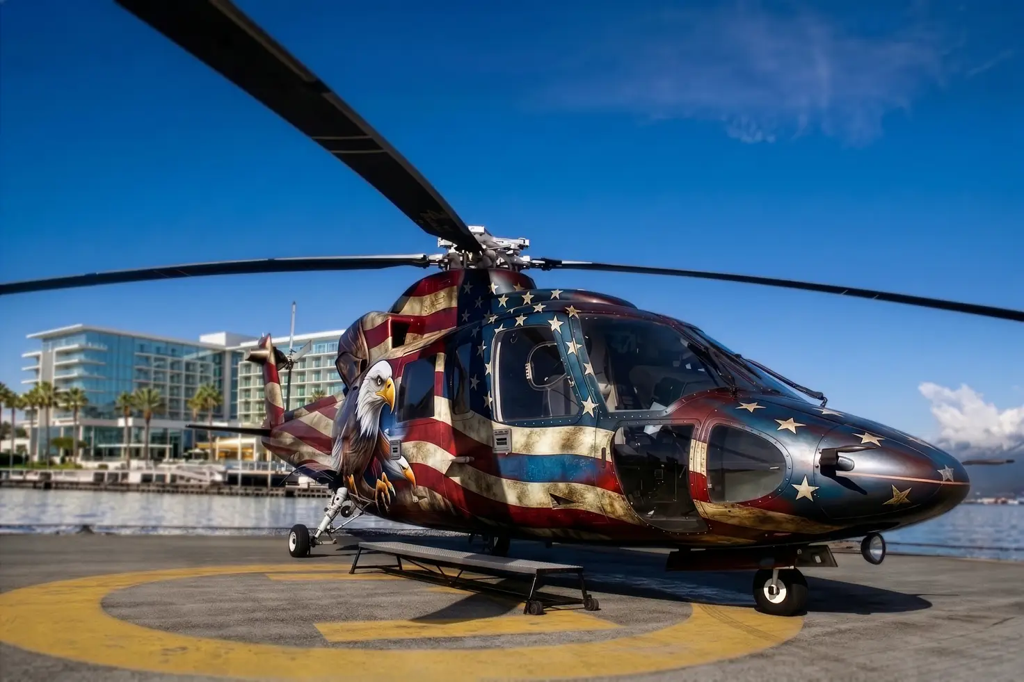 A helicopter with boarding steps stands on a marked waterfront pad, with buildings across the water.
