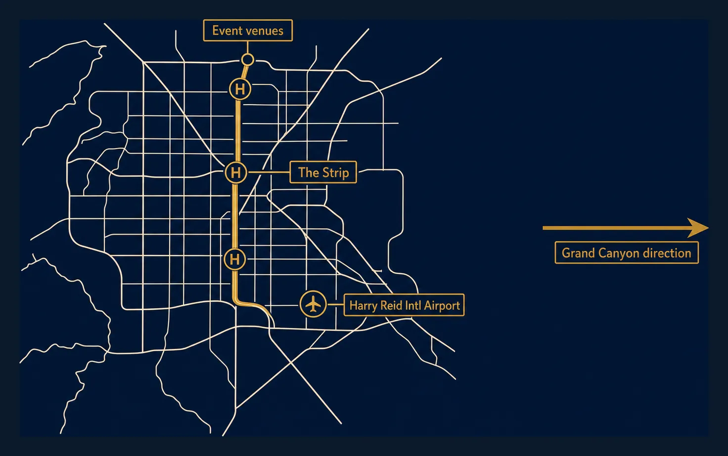 Line-art map of the Las Vegas area showing the Strip corridor, Harry Reid International Airport, heliport points, event venues, and an arrow pointing east toward the Grand Canyon.