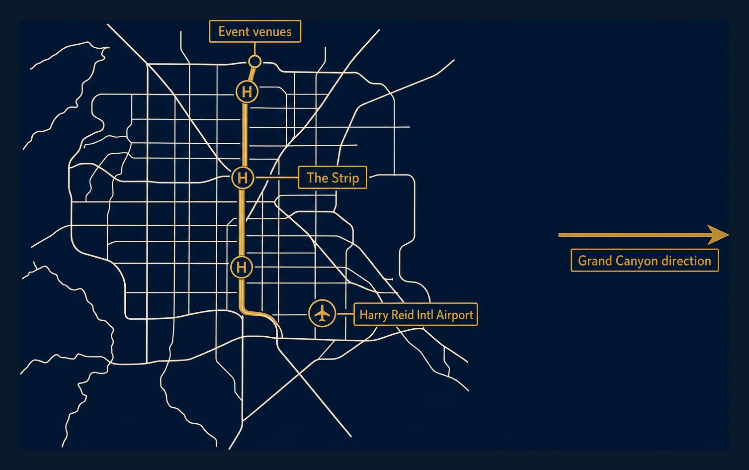 Line-art map of the Las Vegas area showing the Strip corridor, Harry Reid International Airport, heliport points, event venues, and an arrow pointing east toward the Grand Canyon.
