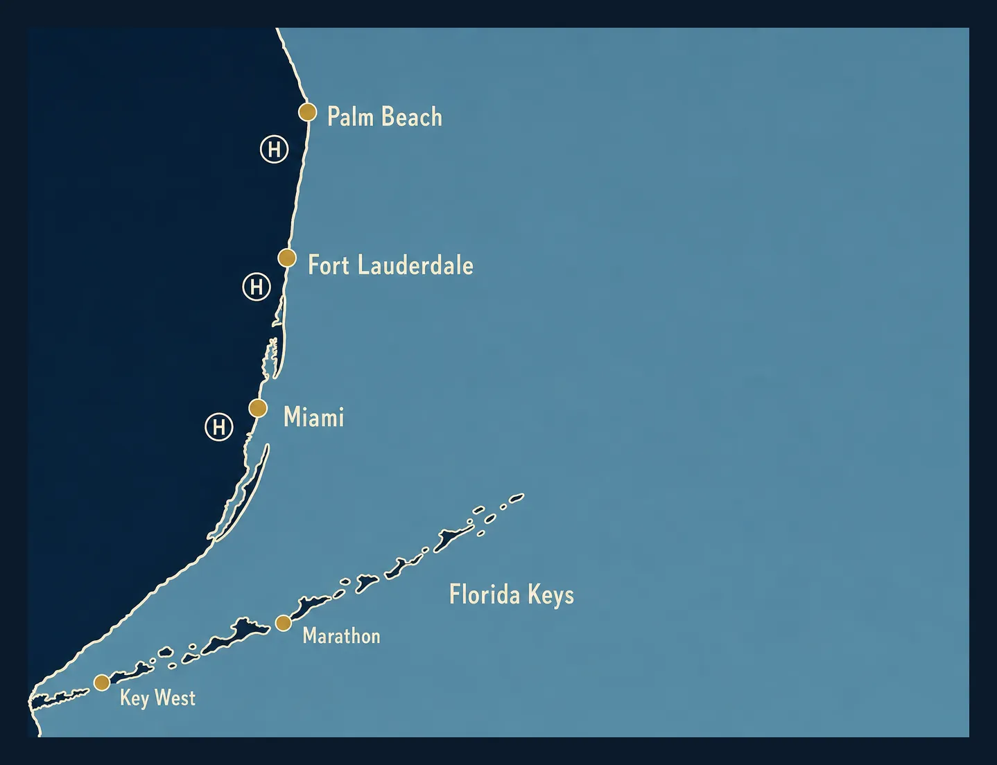 Simplified line-art map of South Florida showing the Palm Beach, Fort Lauderdale, and Miami corridor along the coast, with the Florida Keys chain extending southwest over the water and Marathon and Key West marked along it.