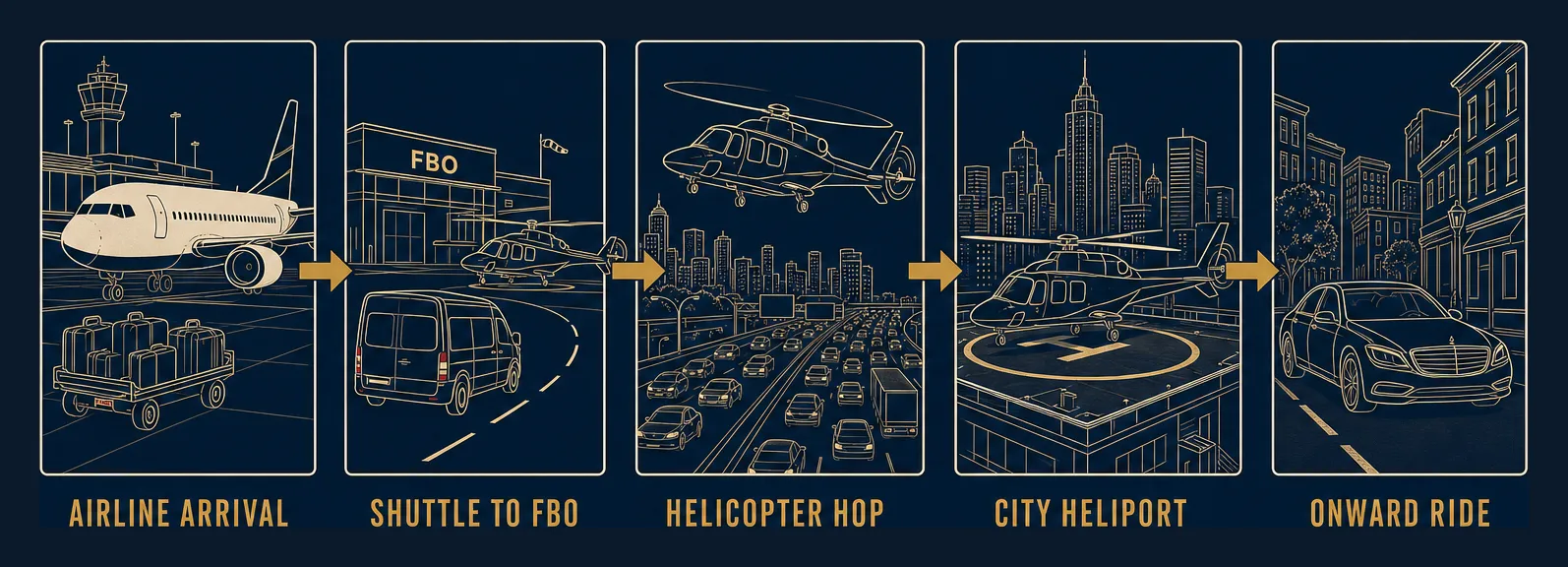 Illustrated five-step sequence of an airport transfer: airline arrival and baggage claim, shuttle to the FBO where the helicopter waits, the helicopter hop over city traffic, landing at a downtown heliport, and a short onward ground ride.