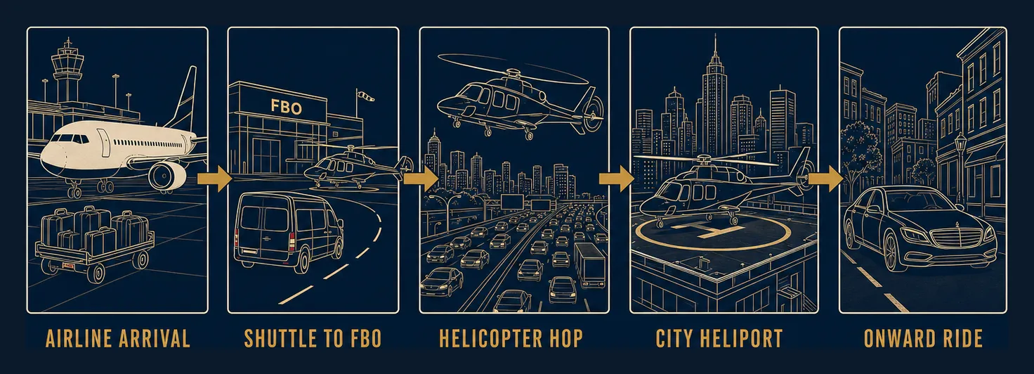 Illustrated five-step sequence of an airport transfer: airline arrival and baggage claim, shuttle to the FBO where the helicopter waits, the helicopter hop over city traffic, landing at a downtown heliport, and a short onward ground ride.