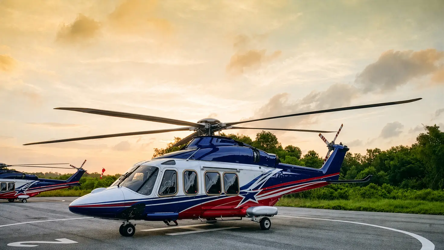 Two red, white and blue helicopters on wheels stand on an apron in low evening light.