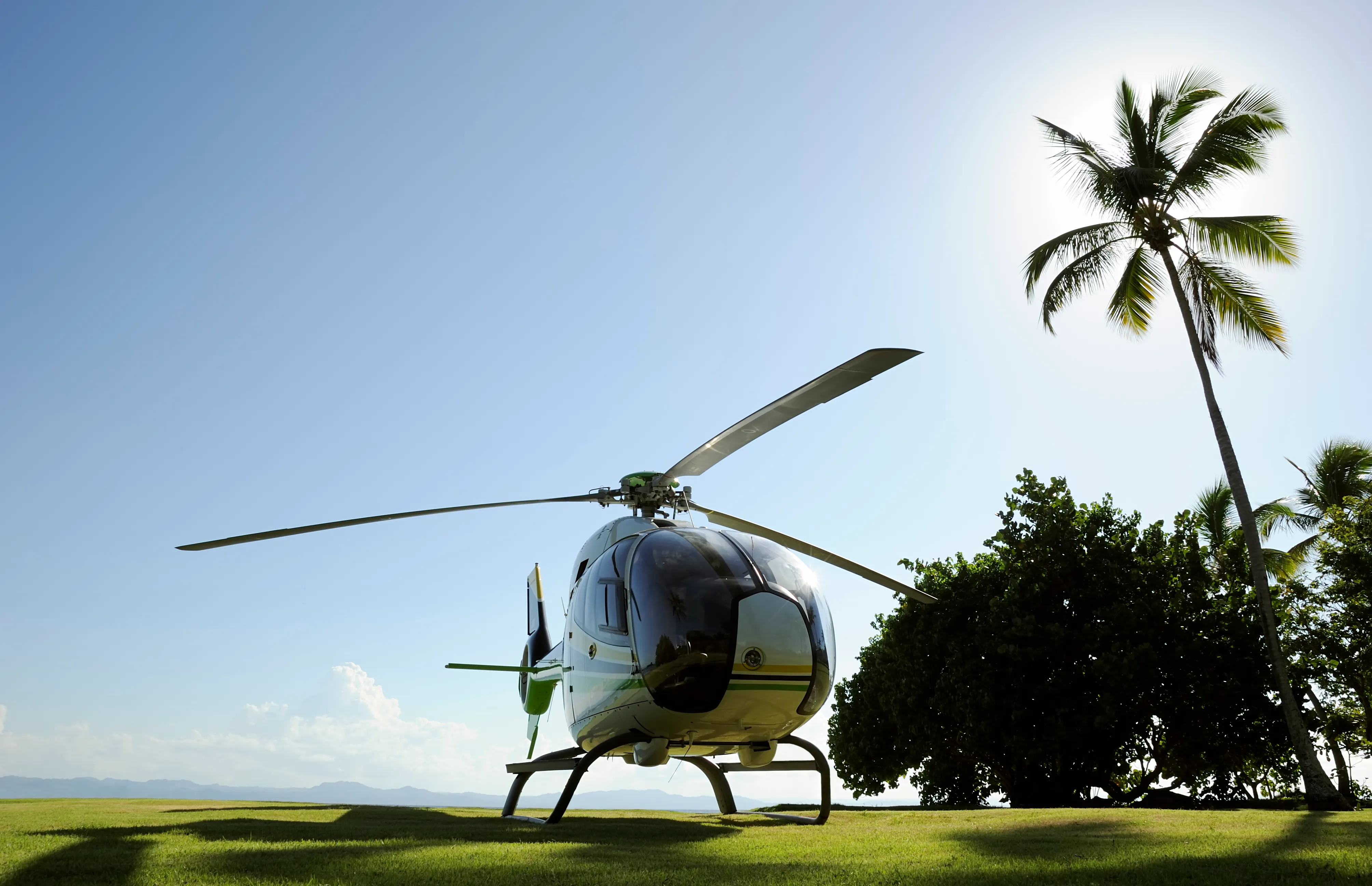 A light single-engine helicopter parked on a manicured resort lawn with palm trees and distant hills.