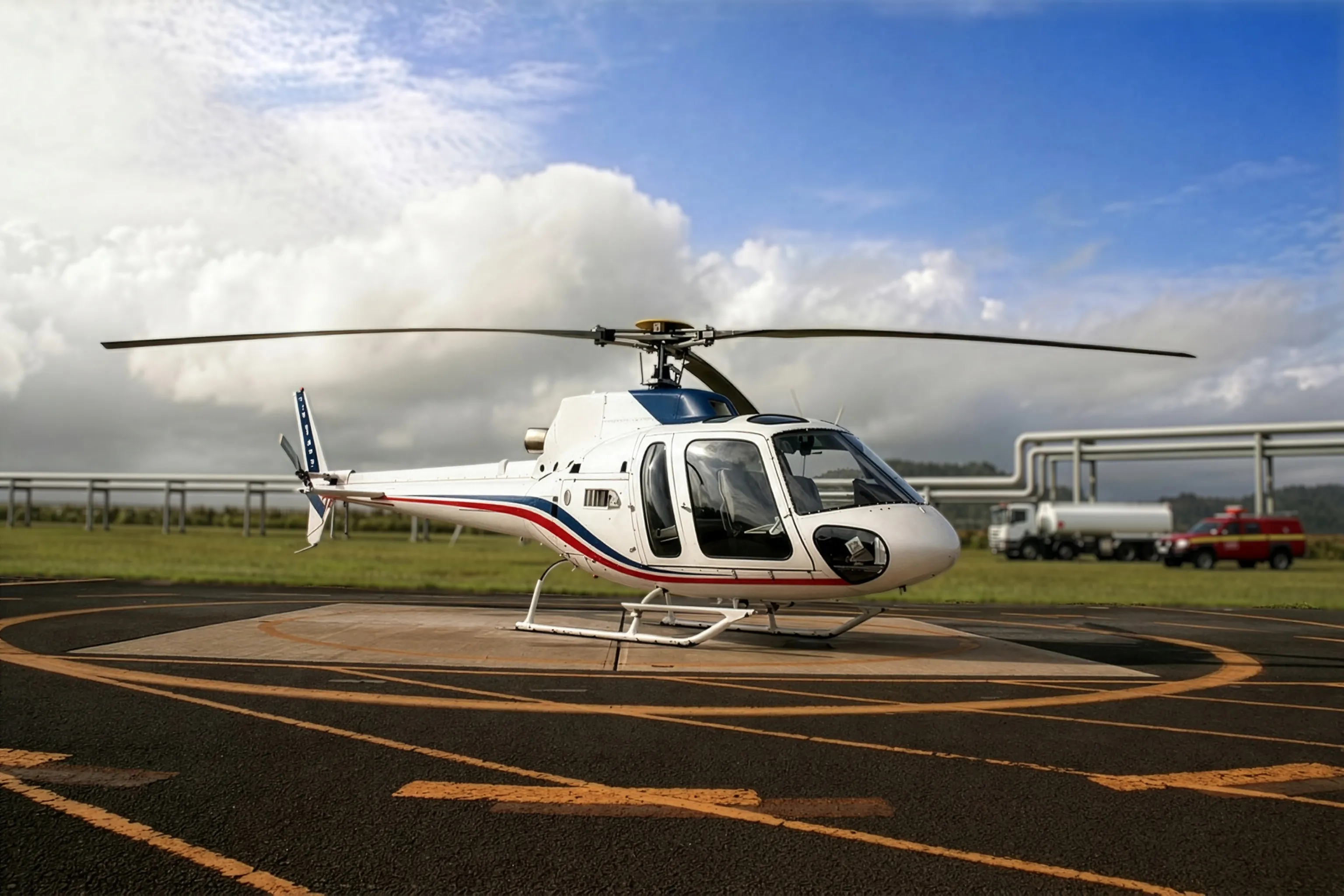 A helicopter parked on an industrial facility helipad during a multi-plant roadshow tour, with plant piping and service vehicles behind it.