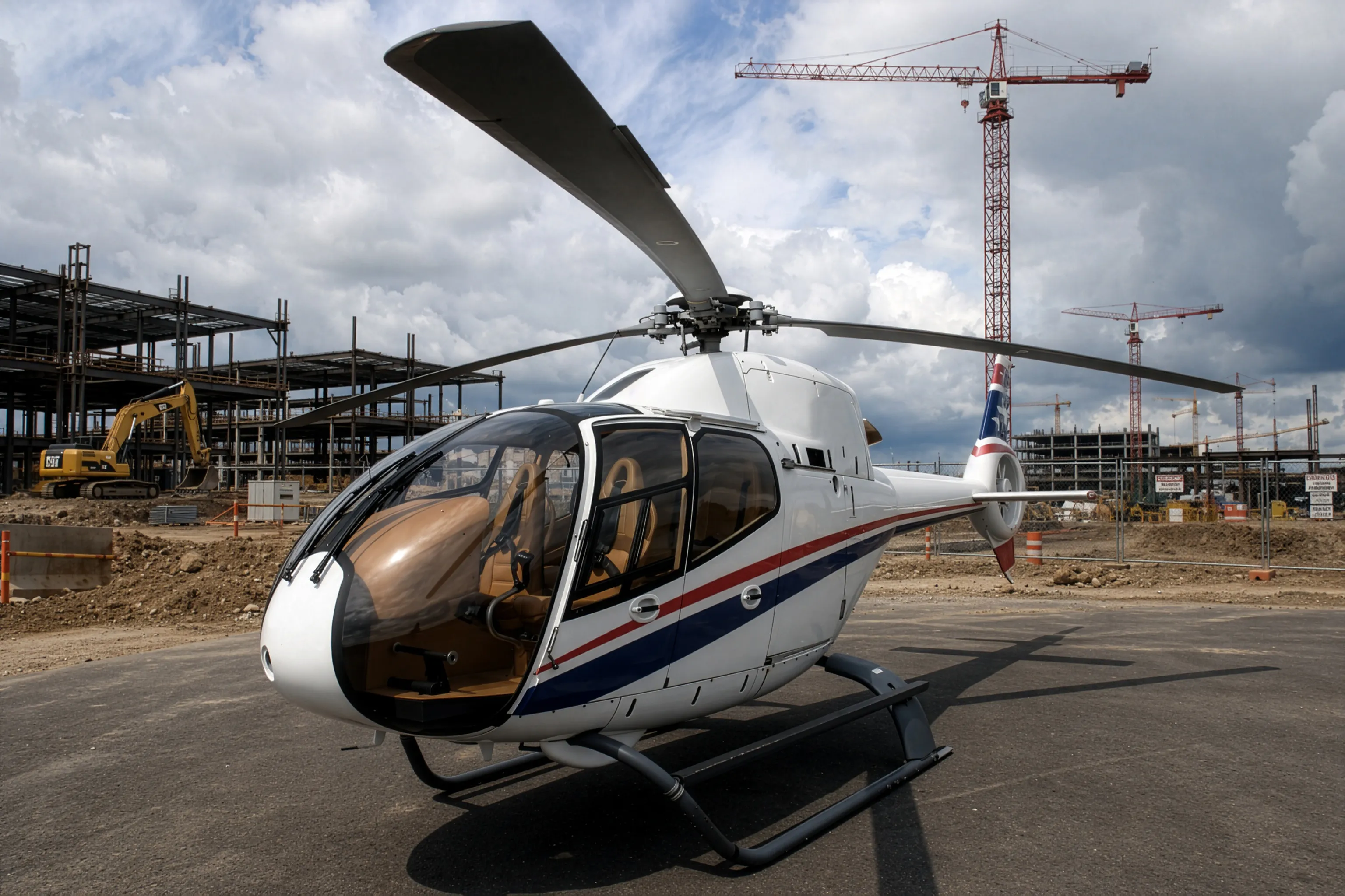 A white light single-engine helicopter with red and blue striping parked on a gravel pad at an active construction site, with tower cranes and steel framing behind it.