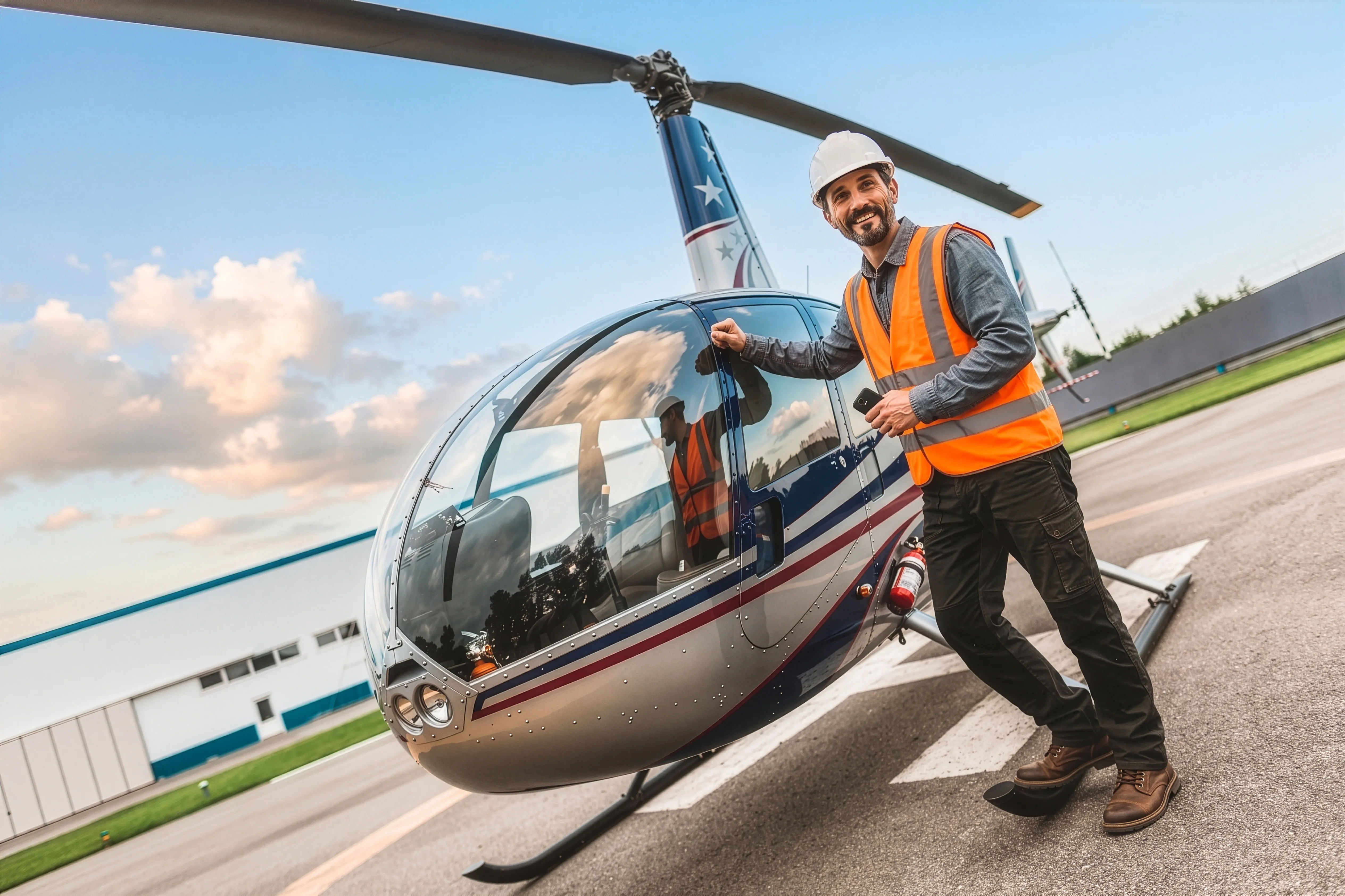 An engineer in a white hard hat and orange hi-vis vest standing beside a light helicopter during a preflight walkaround at an industrial site.