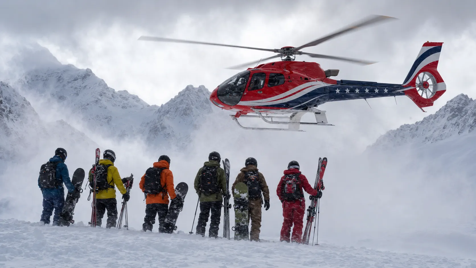 Six skiers and snowboarders with avalanche packs watching a red, white, and blue light helicopter arrive over a snow-covered ridge.