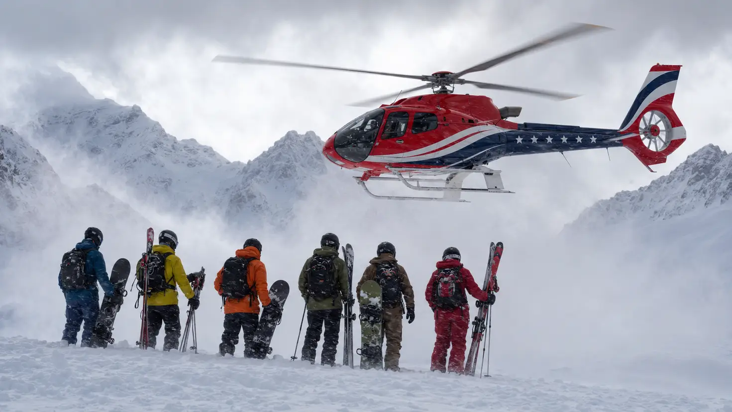 Six skiers and snowboarders with avalanche packs watching a red, white, and blue light helicopter arrive over a snow-covered ridge.