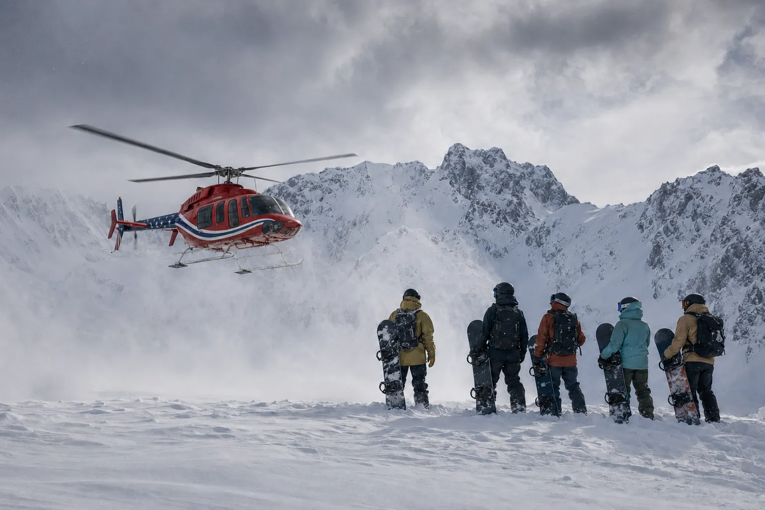 Skiers with packs and boards gathered at a snow landing zone, helicopter and mountain terrain beyond.