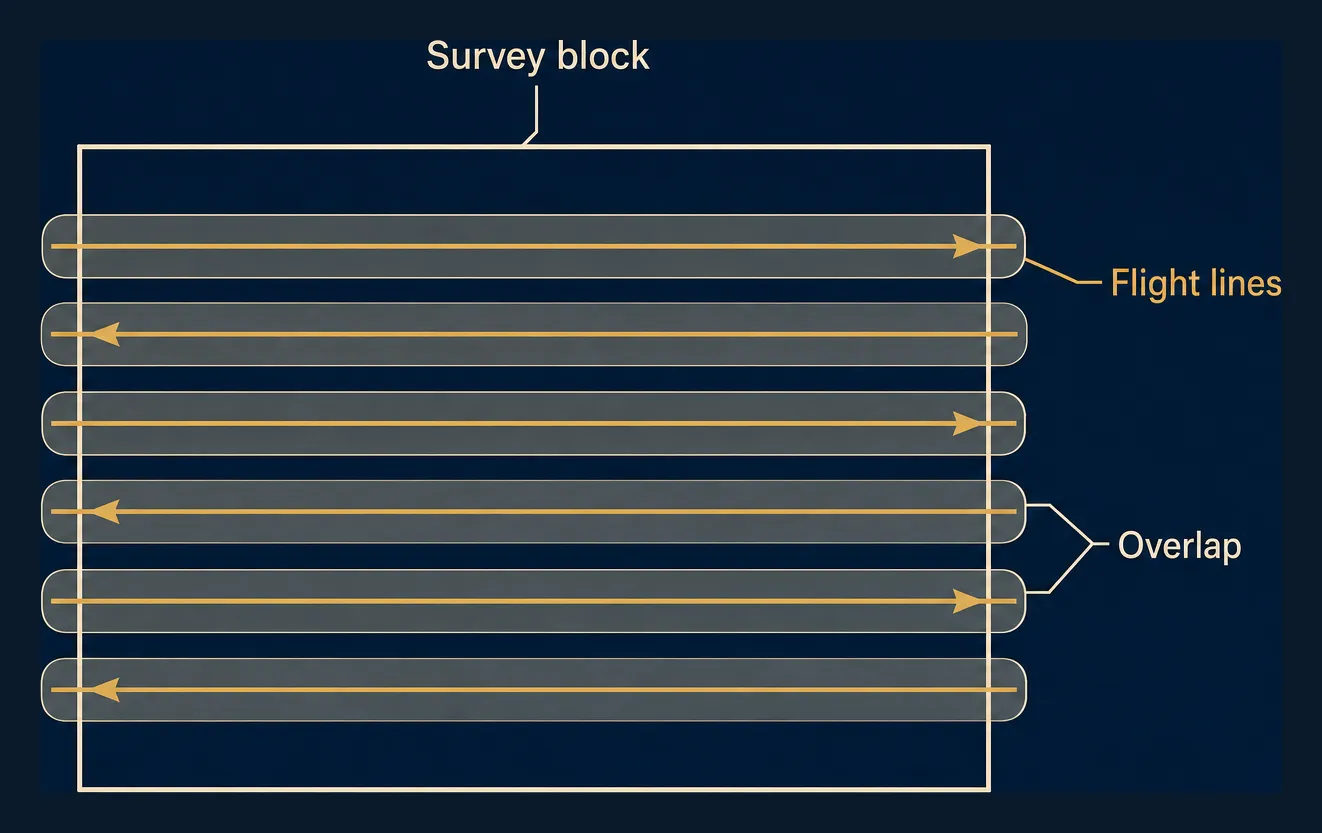 Diagram of a survey grid pattern: parallel gold flight lines with alternating direction arrows crossing a rectangular survey block, with shaded bands showing the overlap that builds complete coverage.