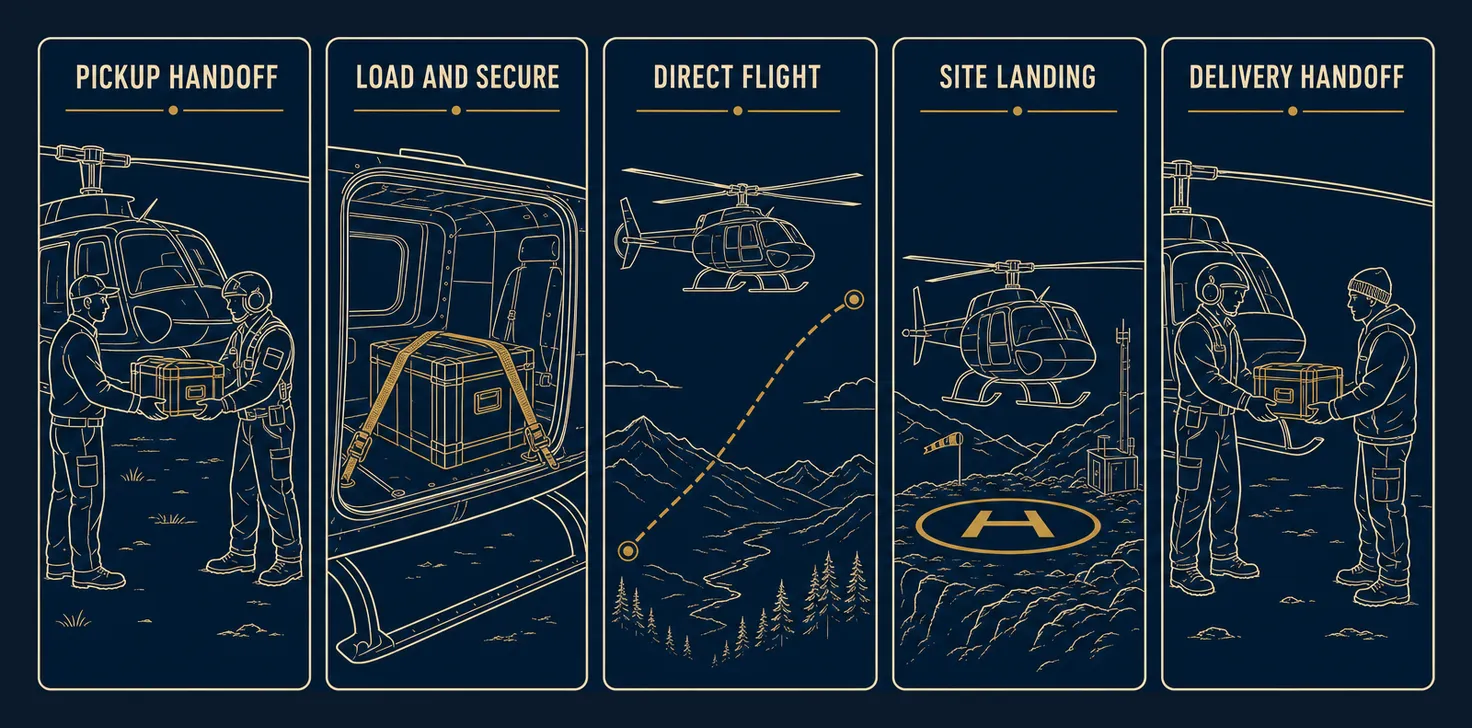 Illustrated five-panel sequence of a helicopter cargo delivery: handoff at pickup, loading the cabin, direct flight, landing at a remote site, and handoff to the recipient.