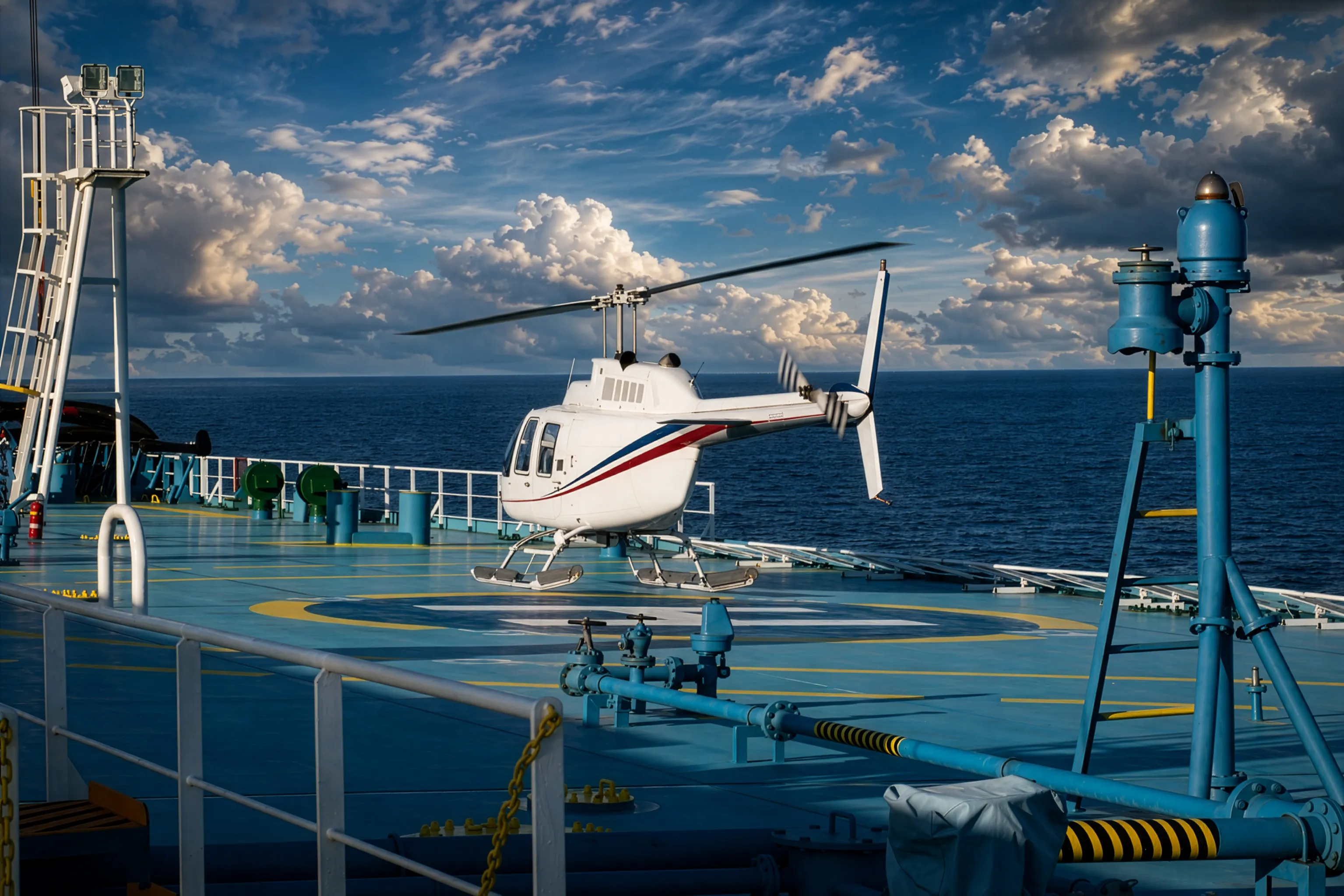 A white light helicopter parked on a ship-deck helipad at sea, showing delivery directly to a remote recipient site.
