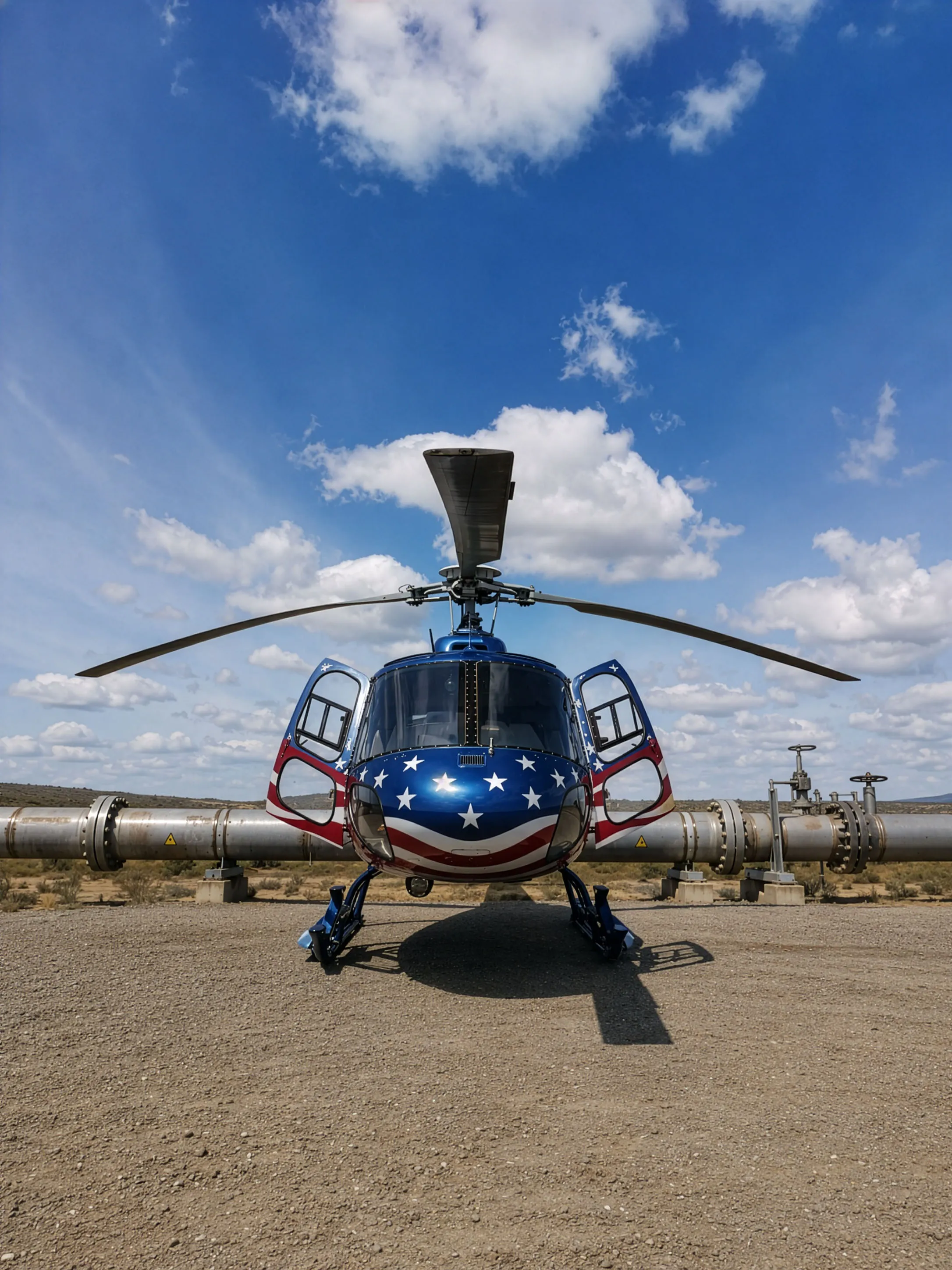 A light single-engine helicopter parked on open gravel ground at a remote rural site, doors open, during an inspection stop.