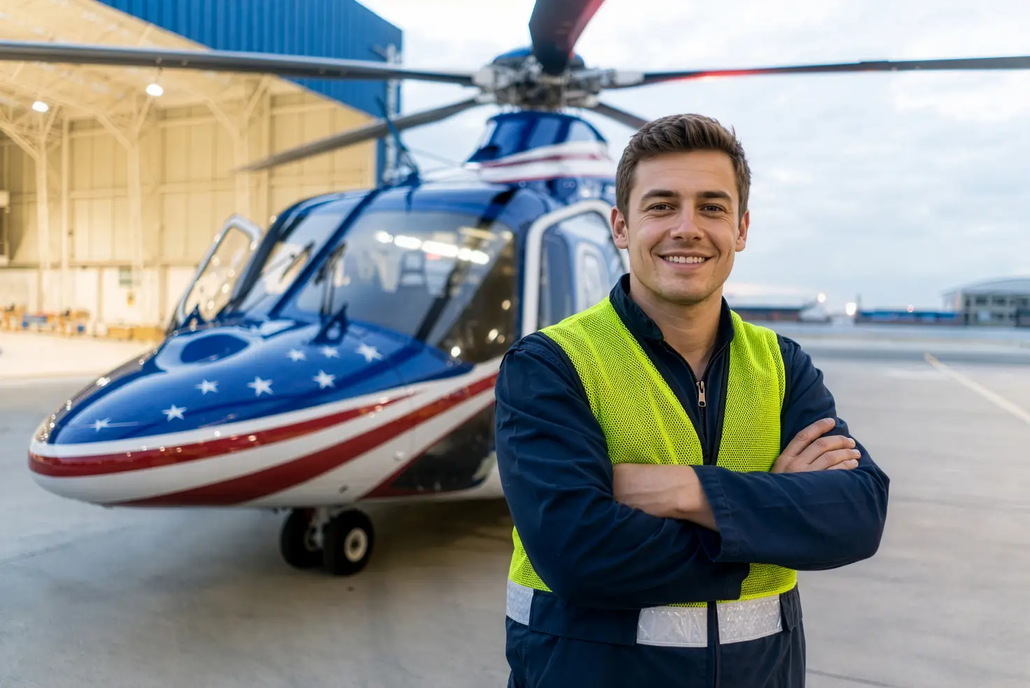 A maintenance technician in a high-visibility vest stands on an airport apron in front of a blue, white, and red helicopter.